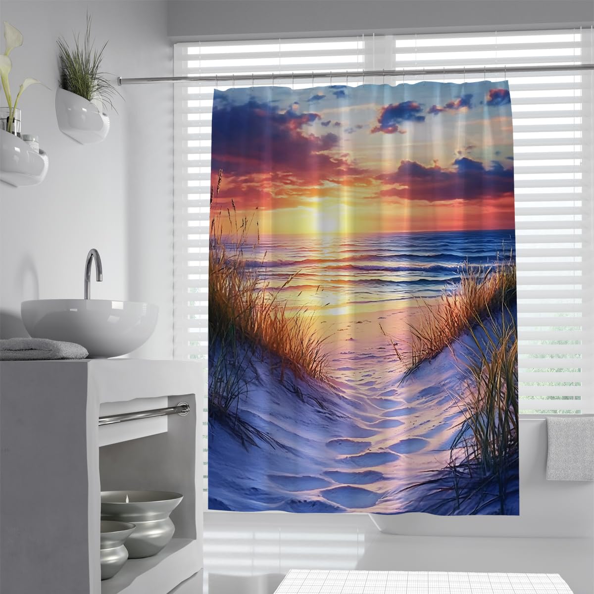 UERWOWELL Deep Twilight Ocean Beach Scenery Shower Curtains Coastal Trail Sea Grass Bathtub Curtain Washable Polyester Fabric Bathroom Decoration W150xL180 cm