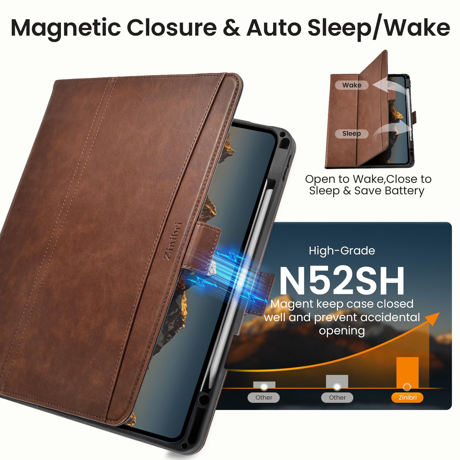 Funda para iPad Air 11 Pulgadas M4/M3/M2 (2026/2025/2024),iPad Air 5/4 Generación 10,9" con Portalapiz & Bolsillo & Correa de Mano,Cierre Magnético Soporte,Auto Sueño/Estela,Marrón Oscuro