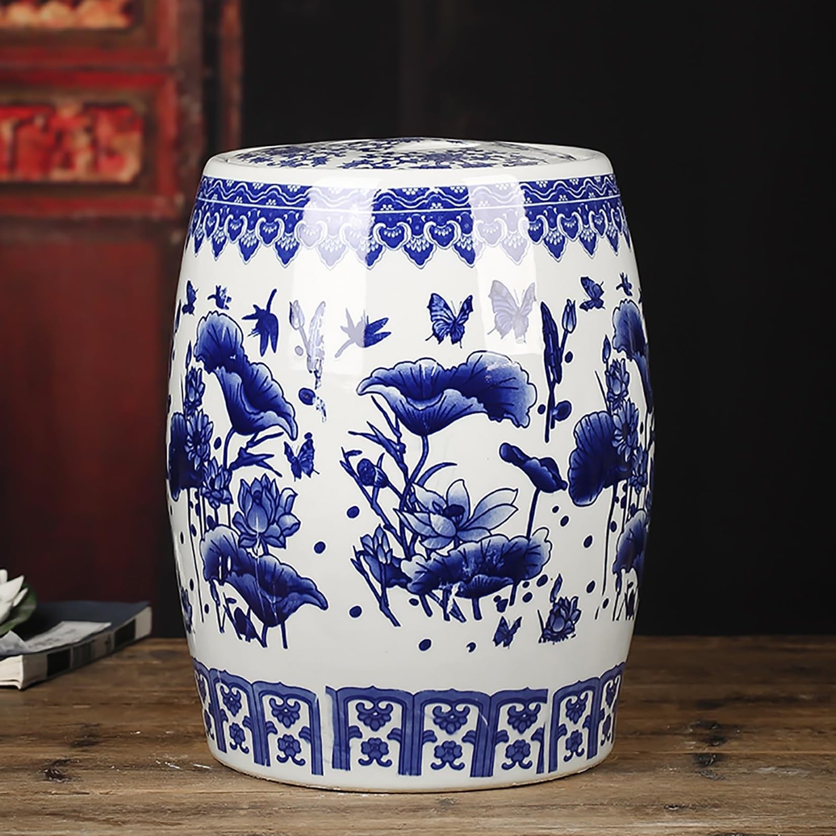 MMleYN 10/15/25KG Large Ceramic Rice Bucket With Lid Blue And White Porcelain Airtight Dispenser Chinese Retro Food Storage Jar For Rice Flour Tea Kitchen Household(F,25kg)