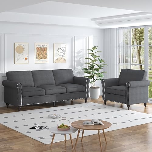 Miniatura 13 de CECER Juego de sofá de 3 piezas para sala de estar, juego de sofá de tela de lino con ribete de cabeza de clavo, moderno sofá modular tapizado de 6