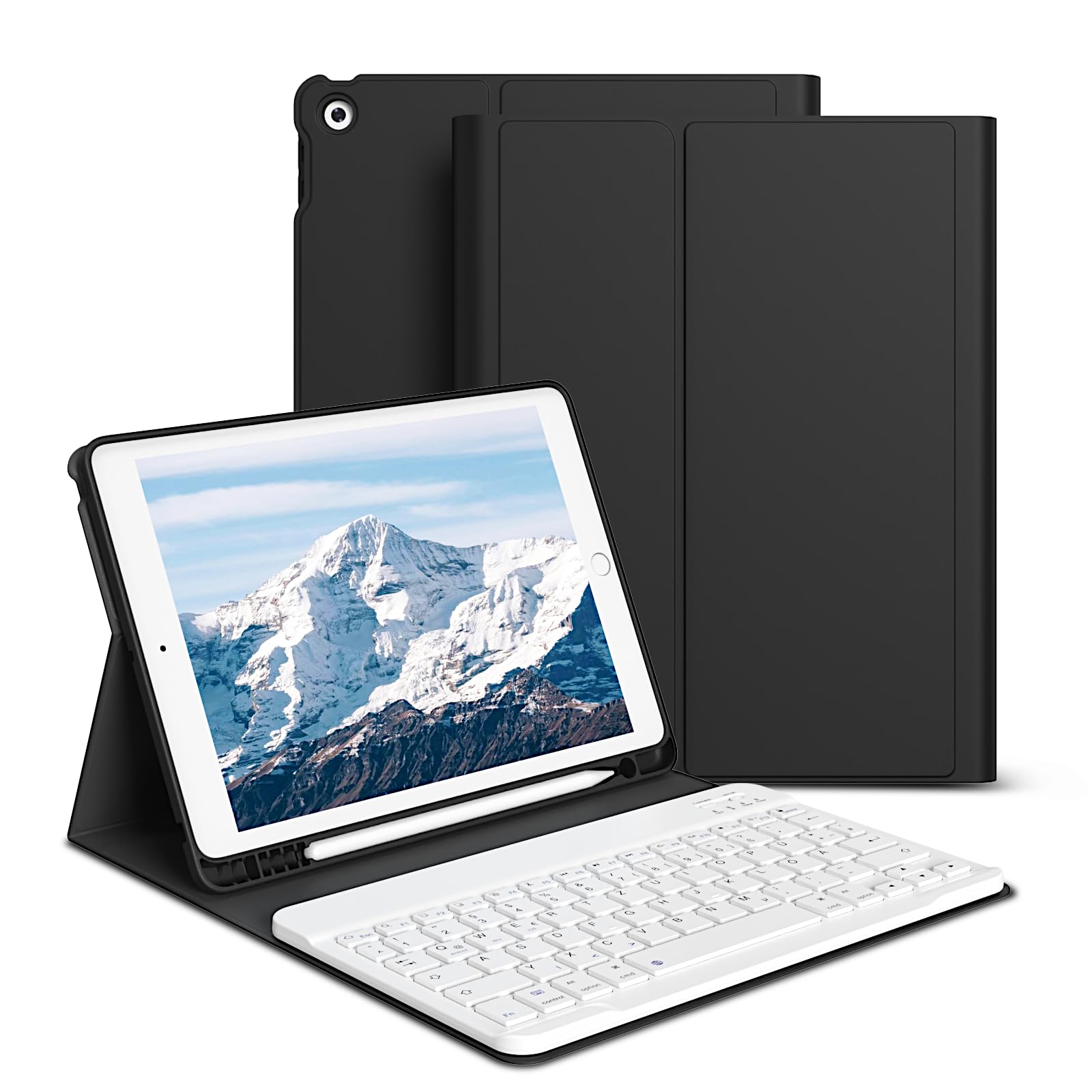 GKABXY hülle mit Tastatur für iPad 9/8/7 Generation (2021/2020/2019) 10,2 Zoll, weiche TPU-Rückseite mit Stifthalter, QWERTZ Layout, magnetische abnehmbare Bluetooth Tastatur, Schwarz