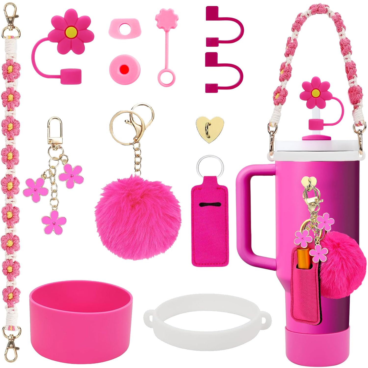Stanley Cup Accessories Set Including Water Bottle Handle Strap, Siliocne Stanley Cup Boot, Siliocne Straw Cover, Stanley Charms for Stanleys Cup 40oz & 30oz Tumbler