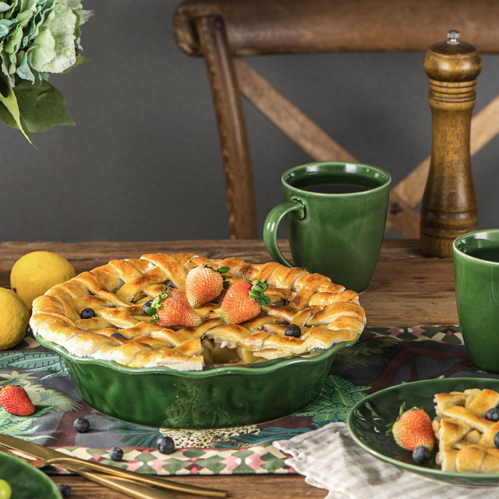 Vicrays Moule à tarte en céramique – Plat à tarte rond cannelé et profond de 22,9 cm pour tarte, pizza, quiche, tarte, gâteau – Glaçage réactif (vert)