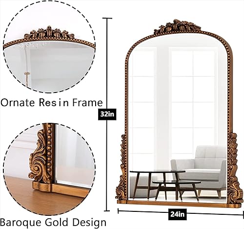 Miniatura 4 de SHYFOY Espejo de pared antiguo, espejo de arco barroco blanco para decoración de pared, espejo decorativo de 31.5 x 23.6 pulgadas, elegancia