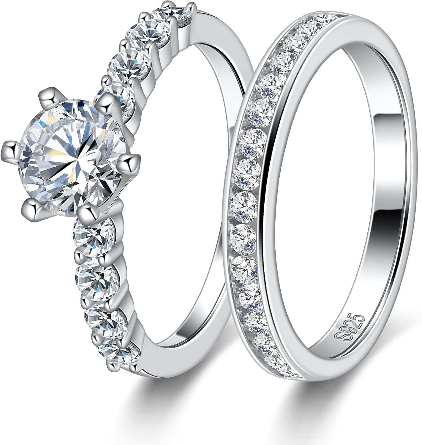 Solitaire Moissanite Engagement Ring 1CT Round Cut and Half Eternity Stackable Wedding Band 925 Sterling Silver Anniversary Ring for Women (size 7)