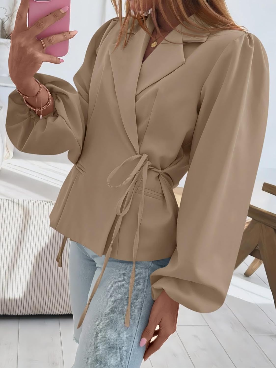 Cicy Bell Womens Puff Long Sleeve Blazers V Neck Wrap Cropped Trench Coat Work Office Dressy Casual Suit Jackets - Image 5