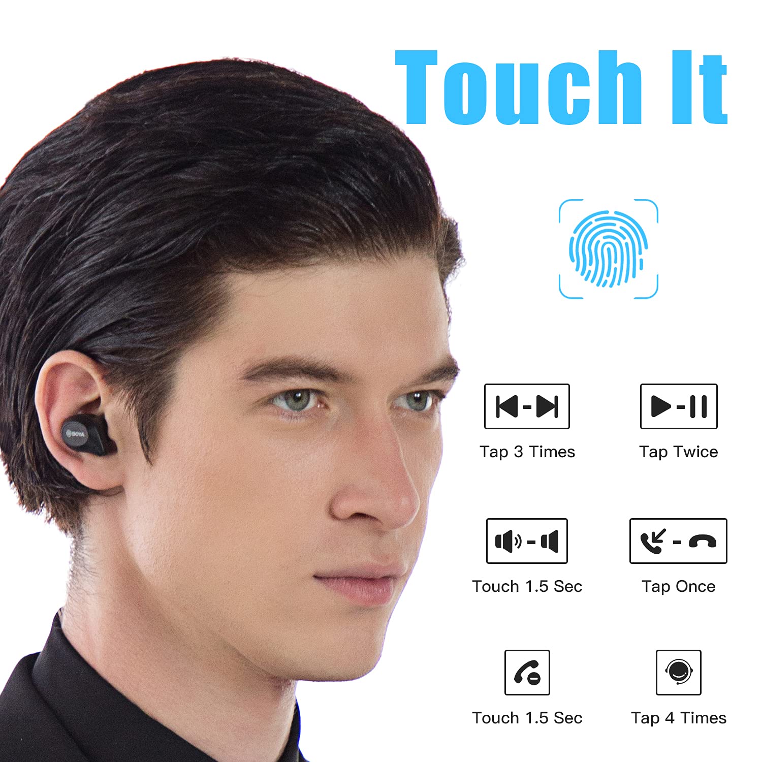 BOYA Blutooth - Auricolari wireless da 5" con controllo tattile, con custodia di ricarica, microfono integrato per telefonate, musica, ascolto, sport (nero)