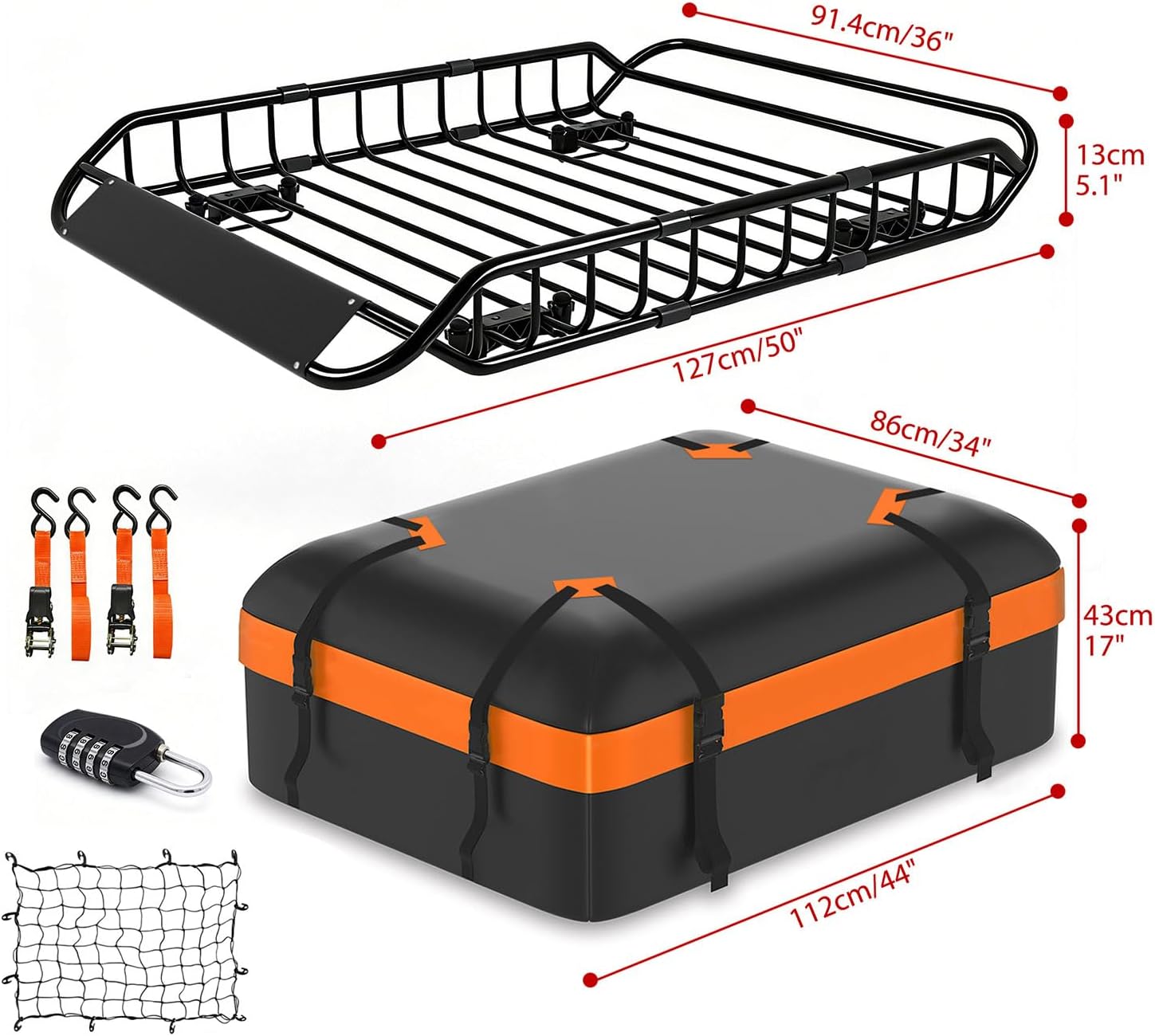 Roof Rack Cargo Basket 50 x 36 Inch Extendable Rooftop Carrier with Waterproof Cargo Bag Net and Straps, Heavy Duty Steel Luggage Rack with Wind Fairing for SUV Truck Car 200 lbs
