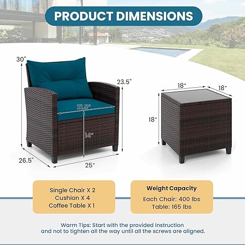 Miniatura 3 de RELAX4LIFE Juego de muebles de patio de 3 piezas, juego de conversación de mimbre con 2 sillones acolchados y mesa con tapa de cristal, juego de
