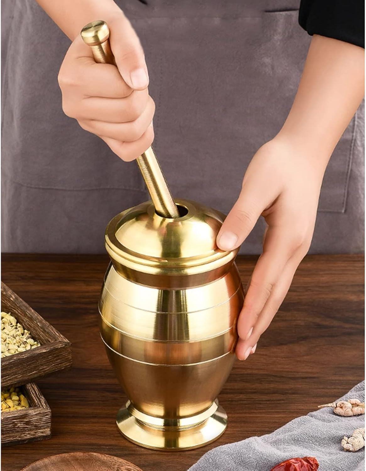 Garlic Presses Brass Mortar Pestle Set Traditional Brass Mortar and Pestle Set Spice Herb Grinder, Gold Mortar and Pestle Set(XS)