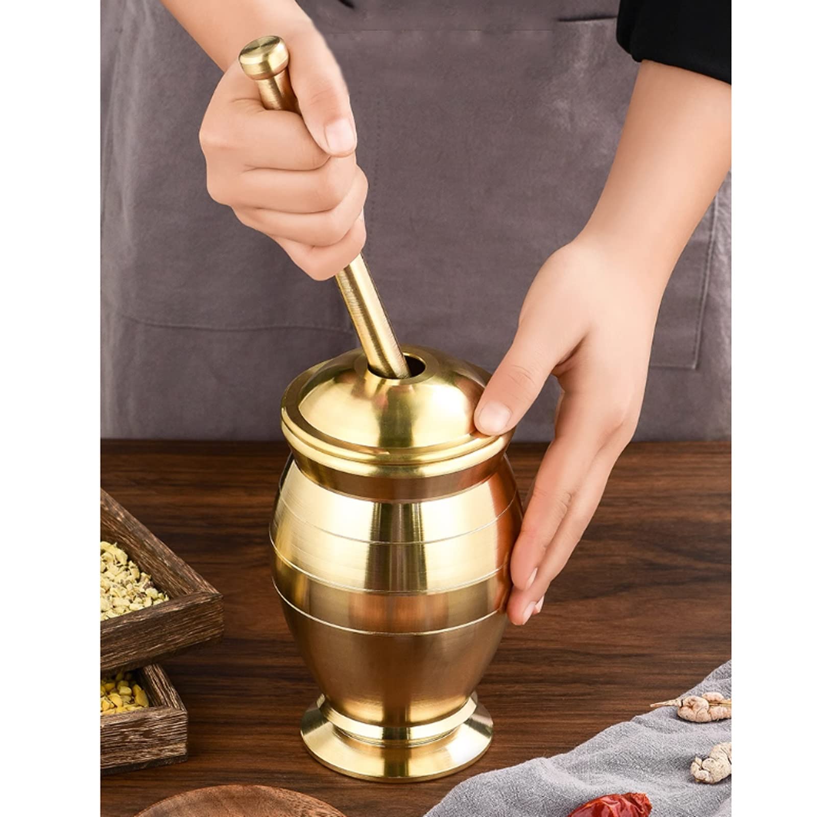 Knoblauchpresse Edelstahl Mörser-Stößel-Set aus Messing Traditionelles Mörser- und Stößel-Set aus Messing for Gewürze und Kräuter, Gold Knoblauchzerkleinerer(XXL)