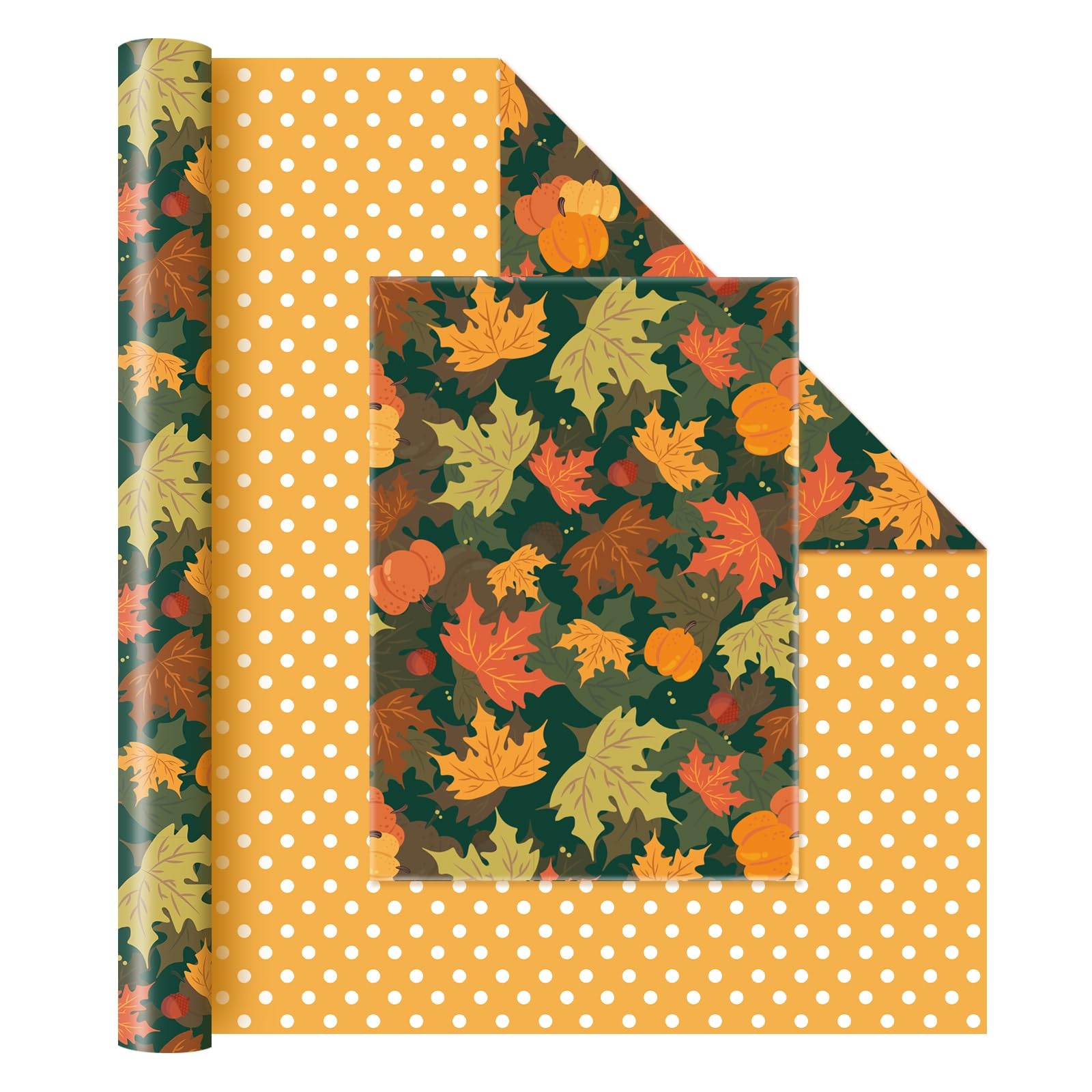 WERNNSAI Maple Leaf Wrapping Paper Roll - 1 Roll 17” x 33 ft Fall Forest Wrapping Paper Autumn Holiday Gift Wrapping Paper for Adults Birthday Party, Polka Dot Reversible