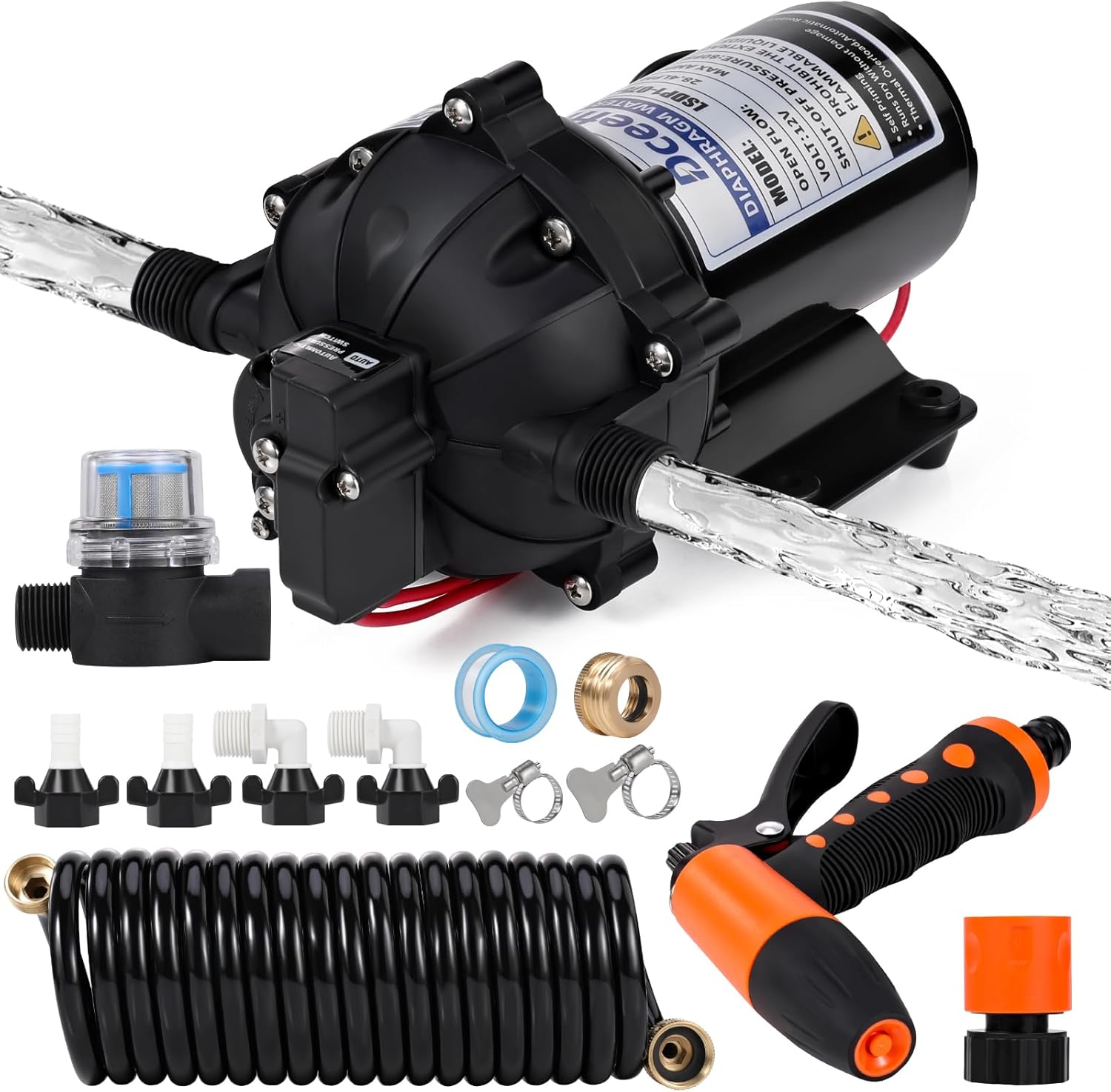 7.5GPM 80PSI Washdown Pump Kit - 12V Marine Self-Priming RV Water Pump with Pressure Switch, RV Fresh Water Pump for Boats, Campers, Travel Trailers, Yacht, Farm Spraying & Deck Cleaning (Black)