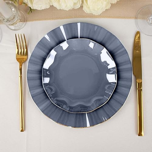 Miniatura 7 de Efavormart - Paquete de 10 platos redondos de plástico azul marino de 6 pulgadas platos desechables para aperitivos con borde ondulado dorado para