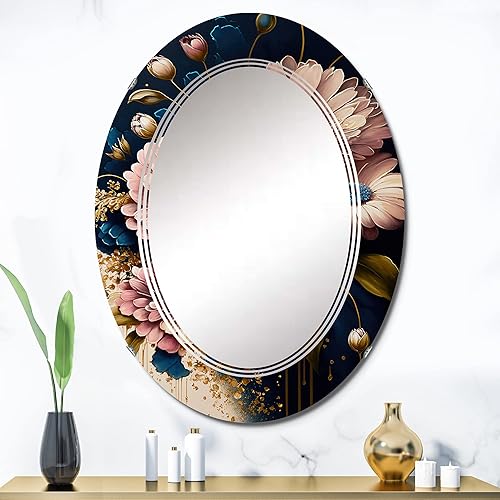Miniatura 7 de DesignQ Burgundy and Blue Daisy Bunch I- Vanity Mirror, Bathroom Mirrors, Wall Mirrors for Living Room, Bedroom - Round Mirror - Large 24'x24',