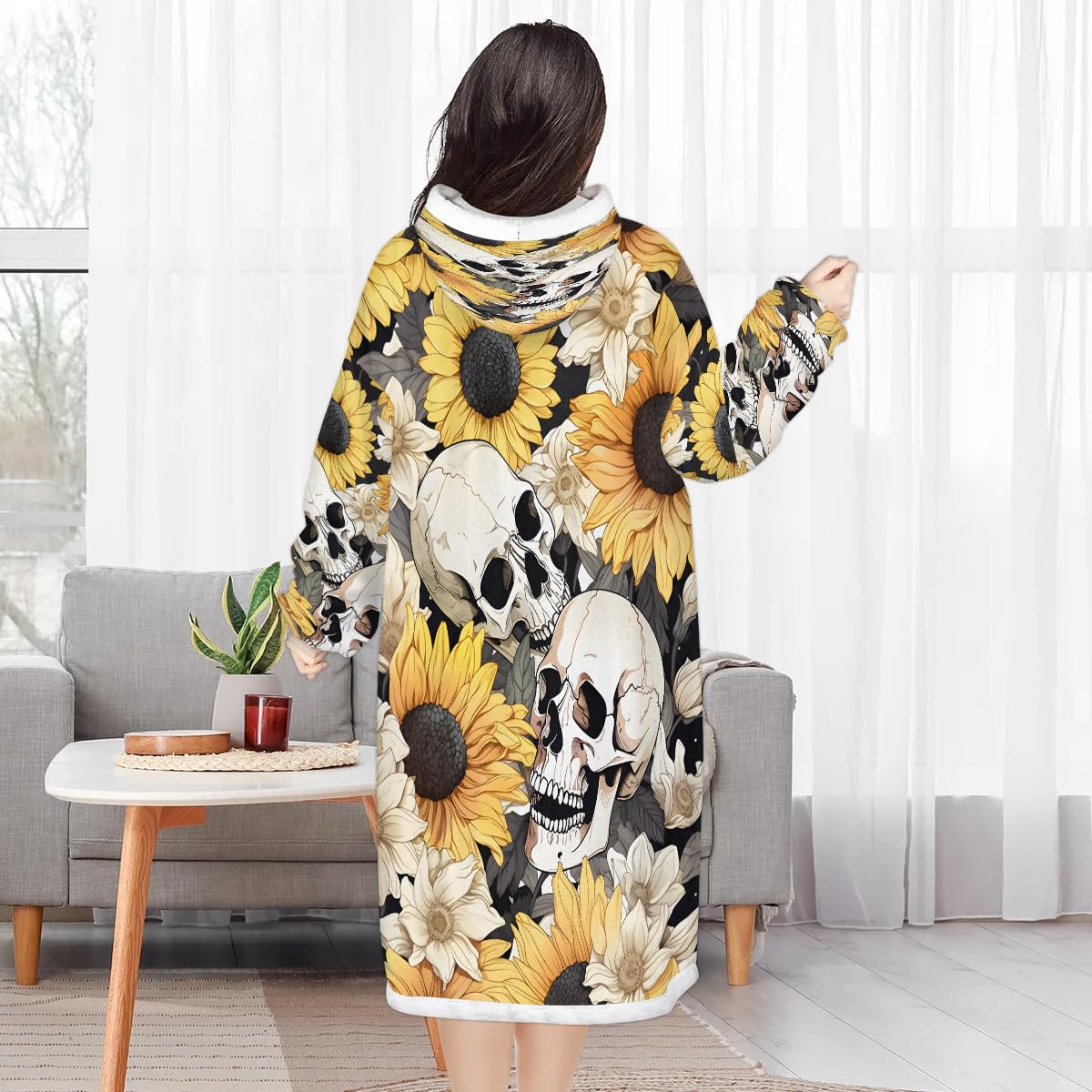 Snatocys Wearable Blanket Hoodie Skull Oversized Fleece Sweatshirt Blanket with Pocket Warm Cozy Hooded Blanket for Adult Gifts for Women Men, Sunflower