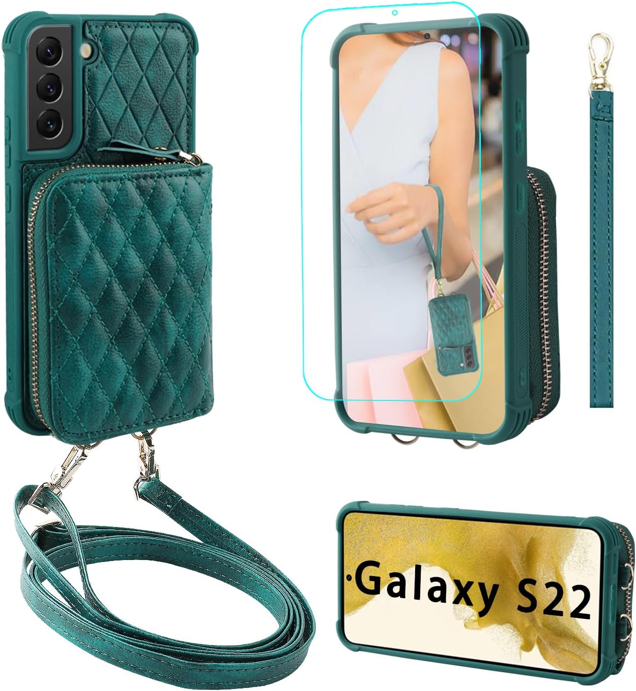 MONASAY Zipper Wallet Case Fit for Galaxy S22 5G 6.1in, [Screen Protector ][RFID Blocking] Flip Leather Handbag Phone Cover with Card Holder， Crossbody Shoulder Lanyard Strap, Dark Green