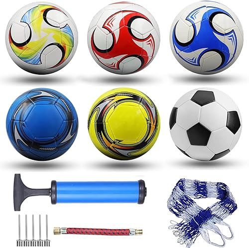 Miniatura 1 de Paquete de 6 pelotas de fútbol clásicas tamaño 5 con bomba y bolsa de red, entrenamiento y práctica para niños y adultos, competición interior y