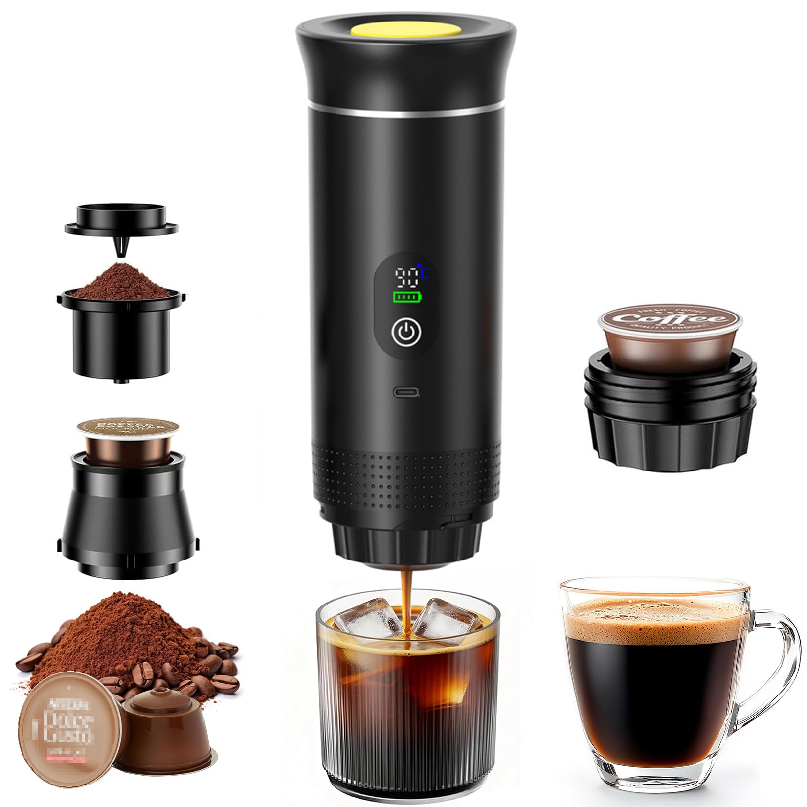 Cafetera espresso portátil 3 en 1, mini cafetera de viaje | Con Type-C, cafetera de viaje compatible con cápsulas y café molido, cafetera To Go para coche, oficina, camping