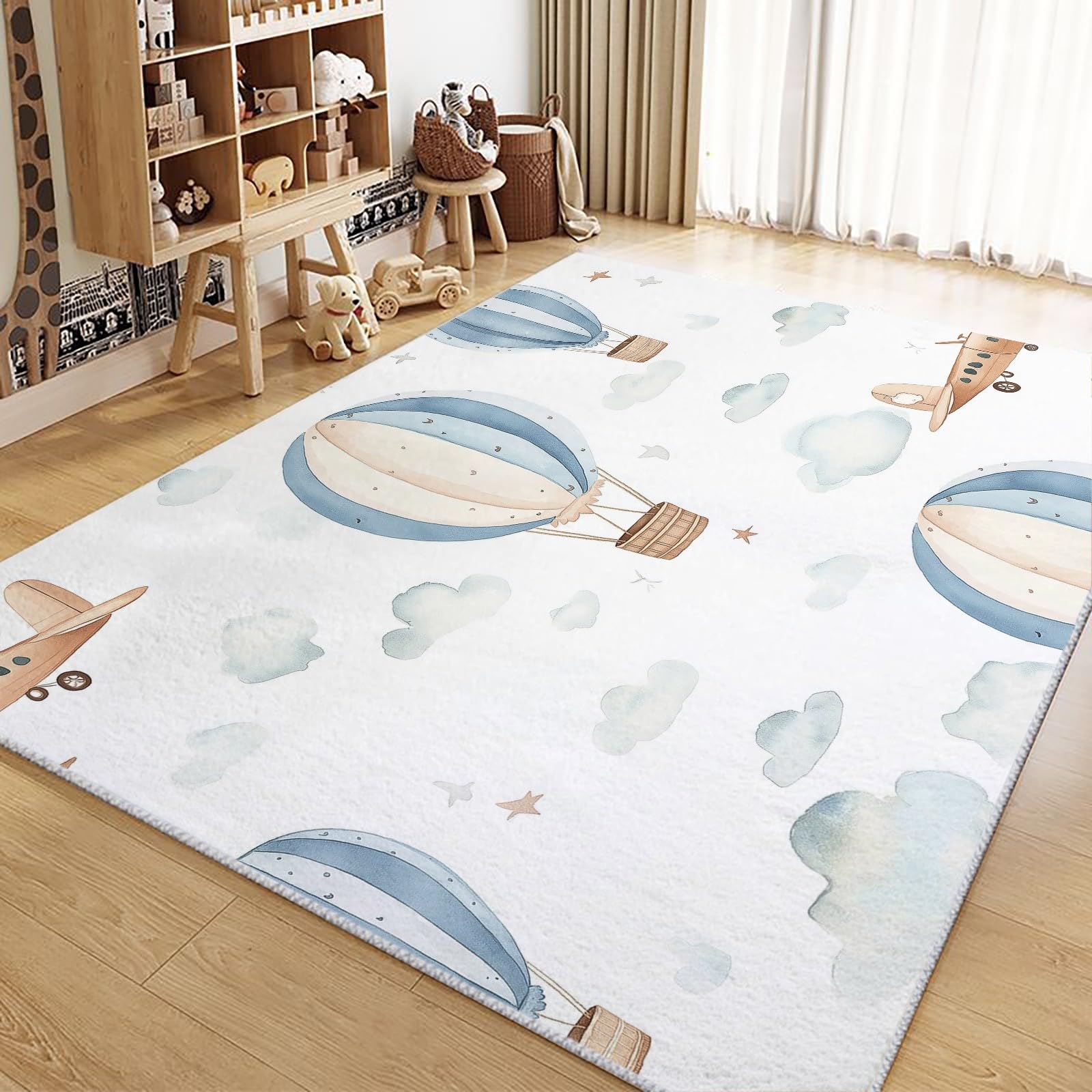 Generico Tappeto Salotto 120x180cm Aeroplano Dell'Acquerello Mongolfiera Tappeto pelo corto Camera da letto Cucina Soggiorno cameretta sala camera Tappeti moderni lavabile antiscivolo