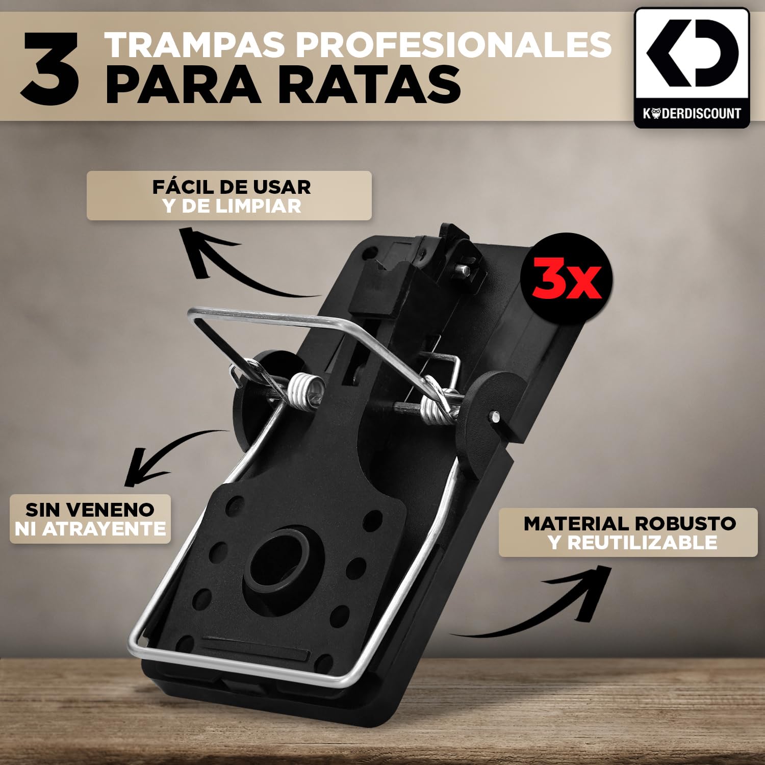 Trampa para Ratas Profesional (Pack de 3) – Trampas mecánicas potentes y reutilizables, sin veneno – Trampa higiénica para ratas para interior y exterior