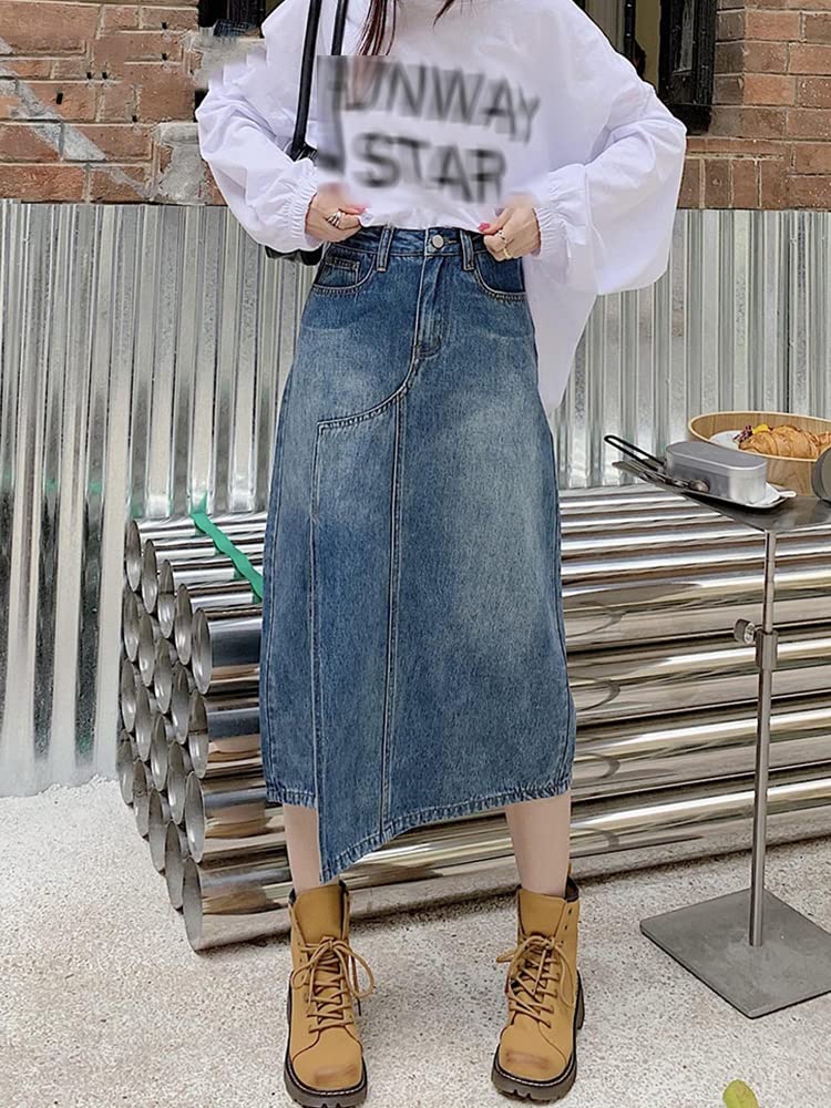 PYTRXGBO Gonna in denim a vita alta con bottoni asimmetrica a vita alta da donna, Blu, M