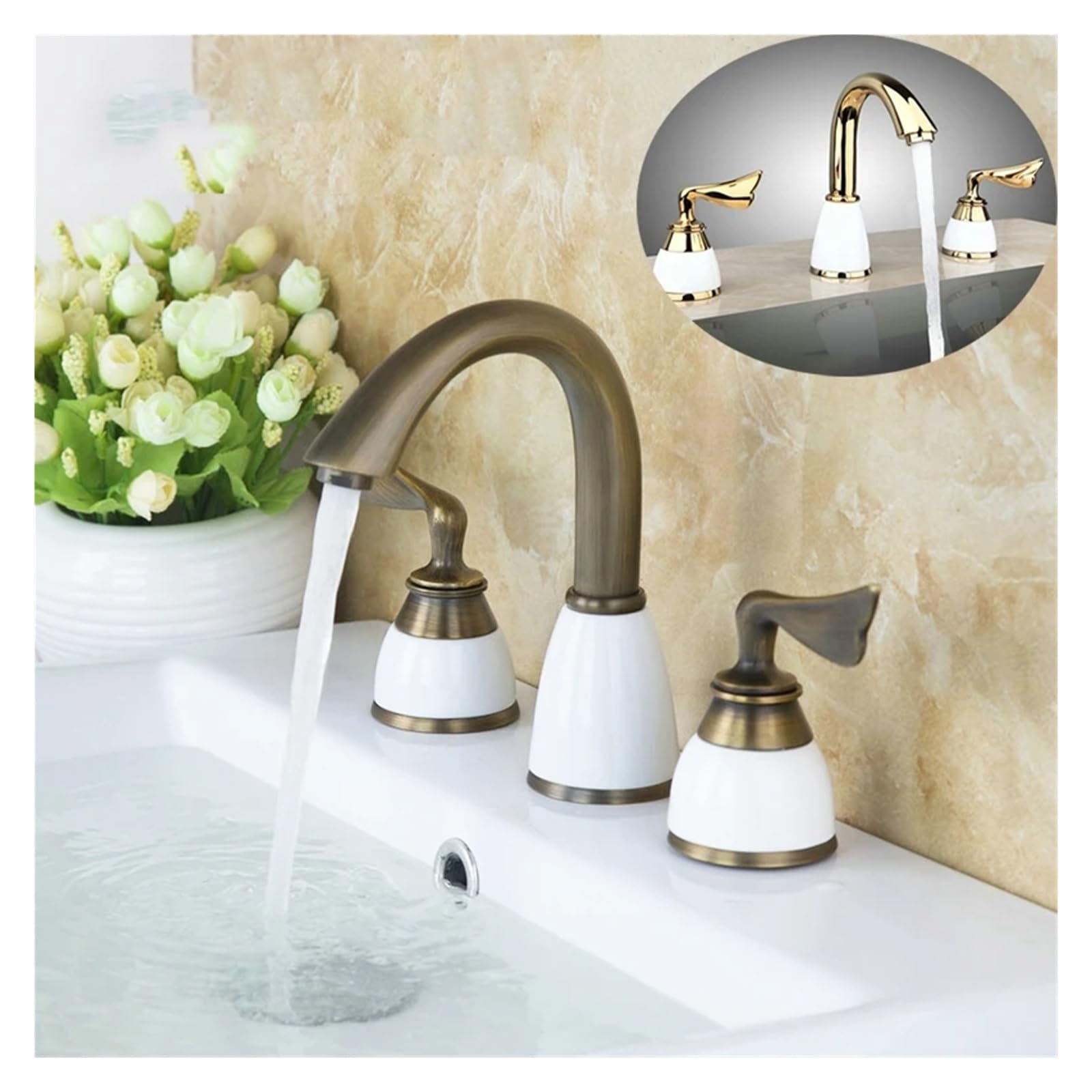 Robinet de lavabo 3 trous en laiton doré poli style antique chic