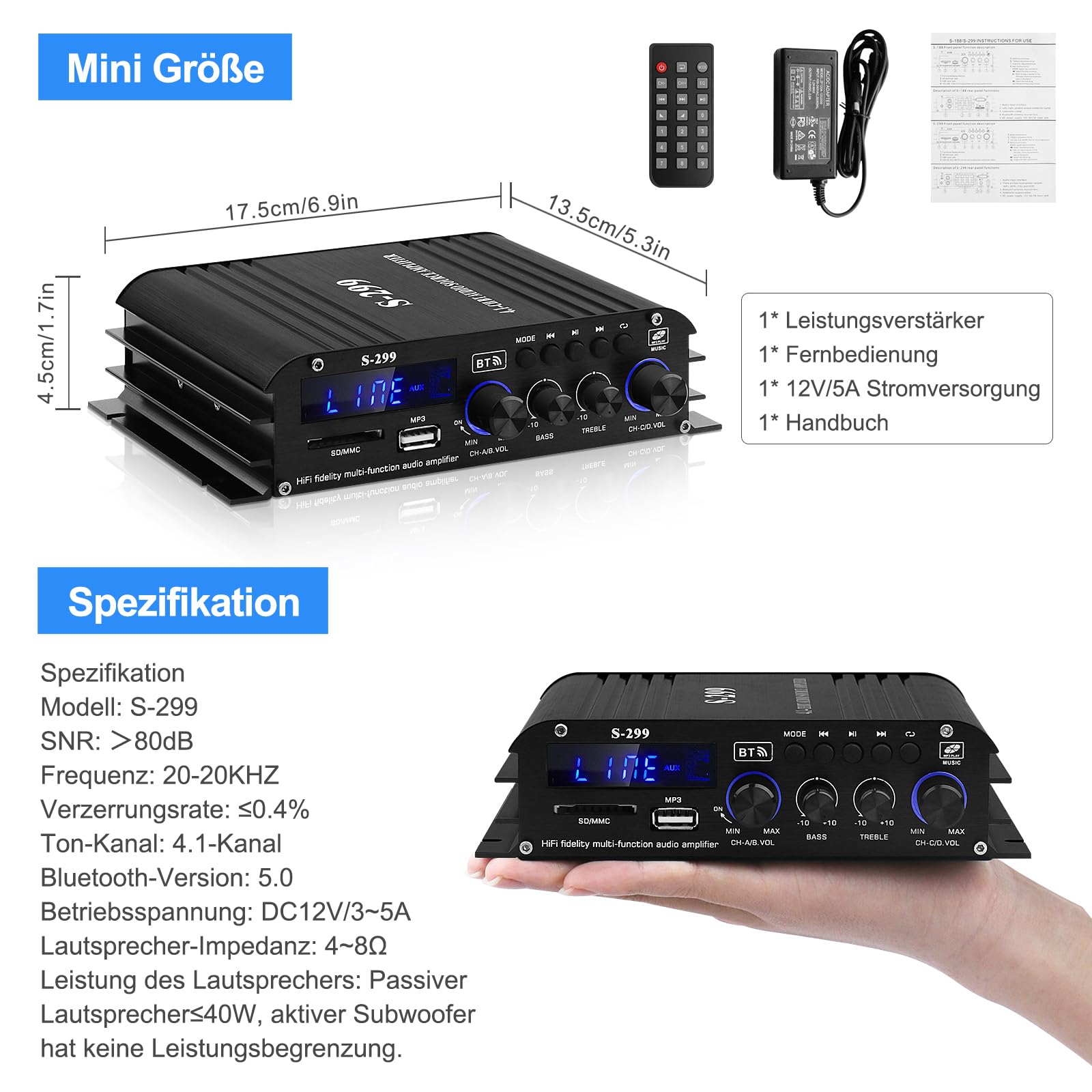 Wzmacniacz HiFi z Bluetooth, S-299 4.1-kanałowy RMS 40 W x 4 + 50 W maks. 800 W Bluetooth 5.0 mini wzmacniacz audio, subwoofer z gniazdem USB SD, AUX, radio FM DC 12 V/5 A do głośników domowych
