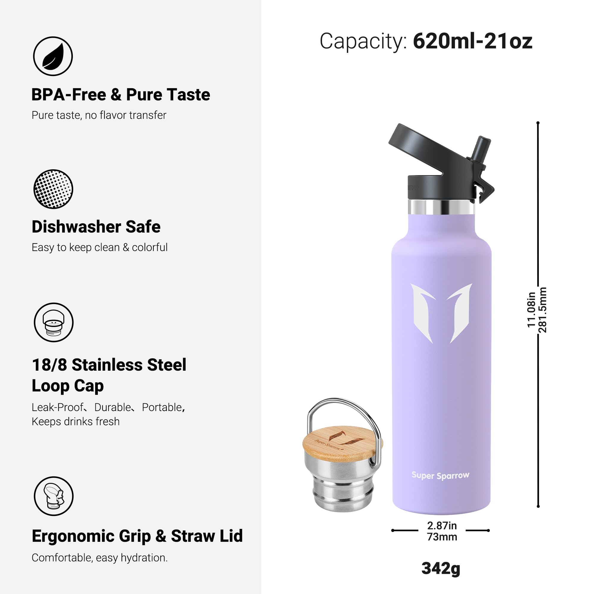 Super Sparrow Borraccia Termica - Bottiglia Termica Senza Perdite - 350ml/500ml/620ml/750ml/1L - Senza BPA Borracce Bambini - Per Scuola, Sport, Campeggio, Palestra, Ciclismo - Con 2 Tappi