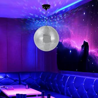 16 Inch Disco Ball with Motor LED Lights, Sound Activated Rotating Mirror Ball for Party, DJ, Dance Club, Bar Decor (Silver Black)