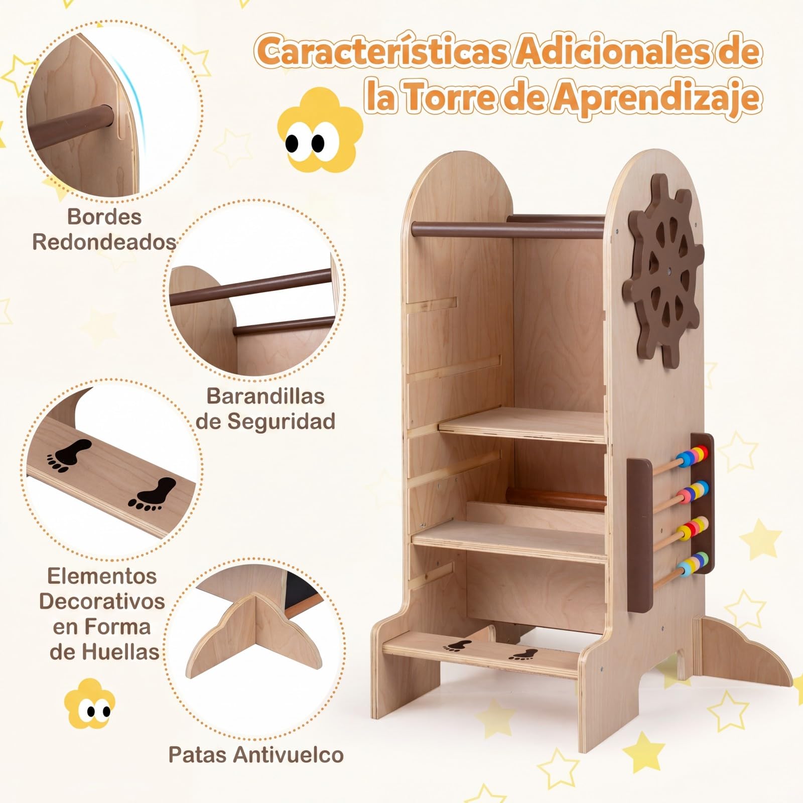COSTWAY Torre de Aprendizaje Montessori para Niños, 4 en 1 Escalera Cocina Infantil con Altura Ajustable, Pizarra, Tobogán, Barras de Seguridad y Pies Antivuelco,Taburete de Madera para Niños 3+ Años