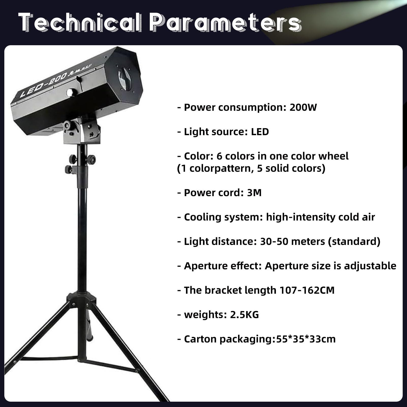 Faretto Seguipersona LED da, Stage Follow Spot Light, con Supporto, per Discoteche, Club, Feste, Effetti Scenici 200w.