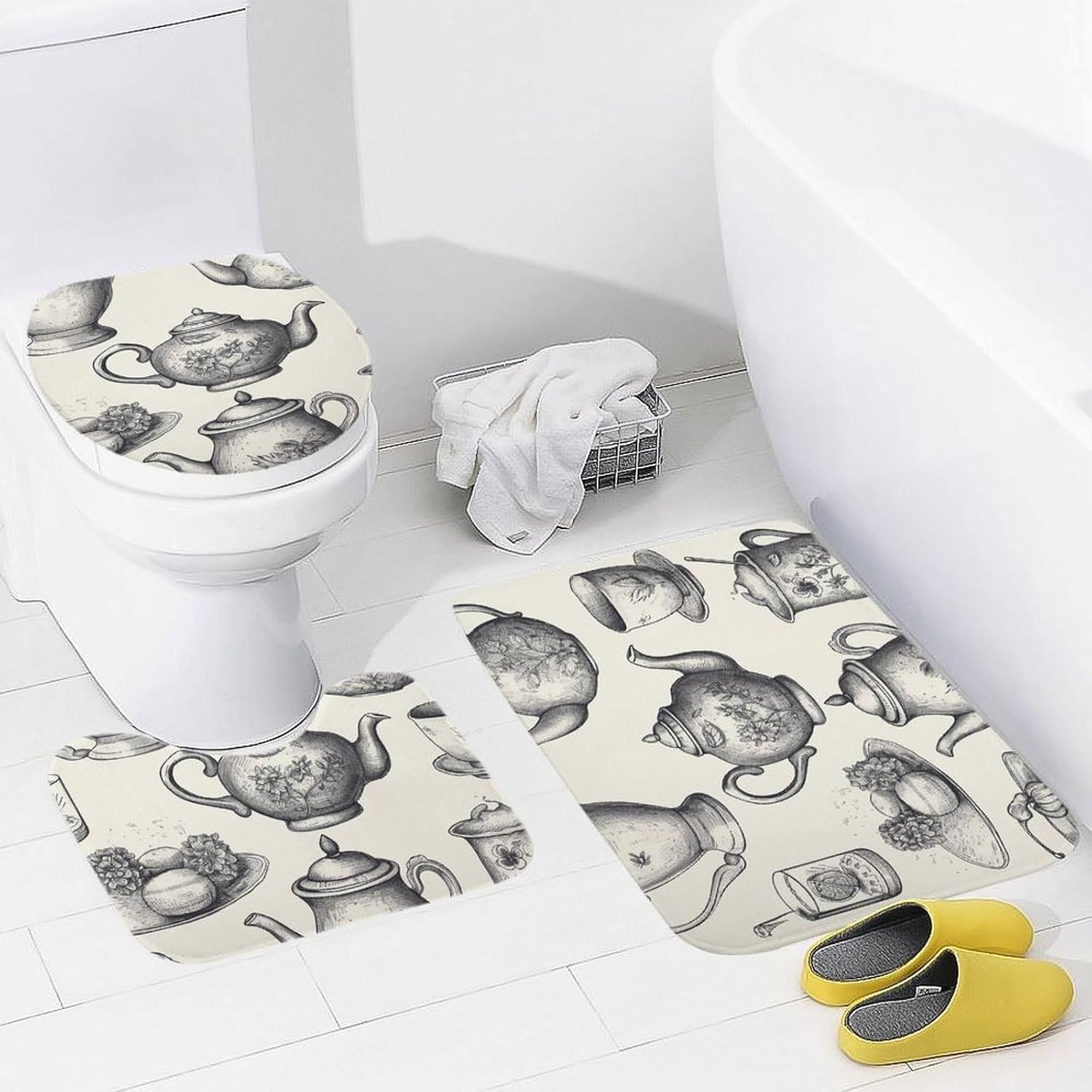 3 Piece Bathroom Rug Set Non-Slip Bath Mat Set Hand Drawn Teapots and Cups Bath Rugs Washable Bath Mat with Toilet Lid Cover Contour Mat Bath Rug for Bathroom Tub