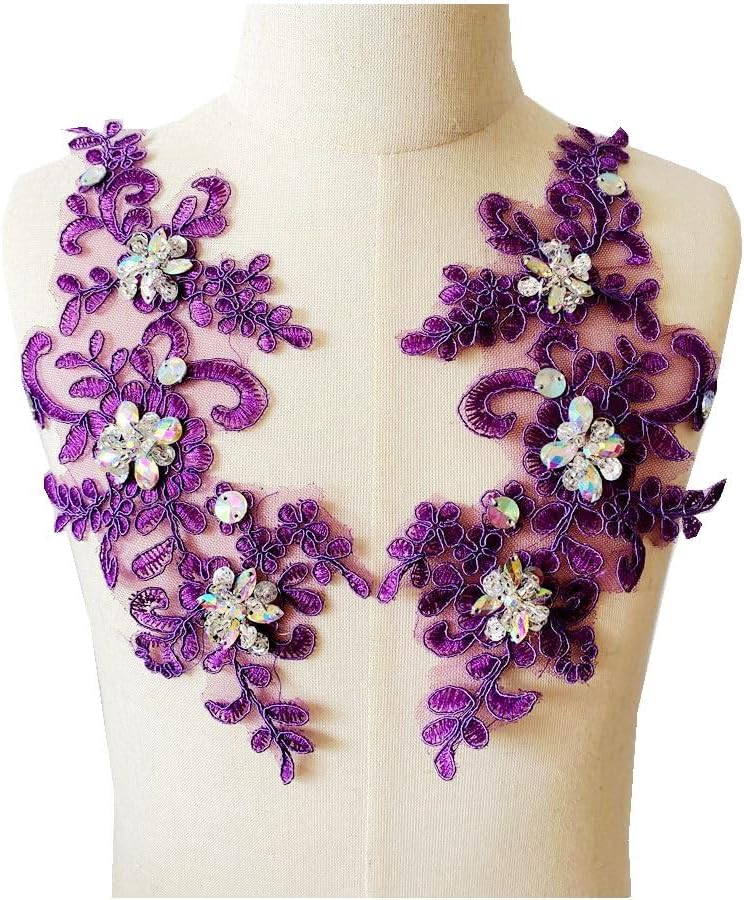 Handmade Rhinestones on Lace Applique Trim Sewing Beads Sequins Trim Patches for Wedding Dress Accessories 1Pair/Bag (Dark Purple)