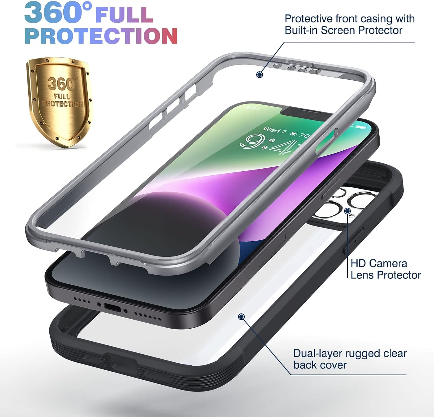 Diaclara Designed for iPhone 14 Case, Full Body Rugged Case with Built-in Touch Sensitive Anti-Scratch Screen Protector, with Camera Lens Protector for iPhone 14 6.1" (Black and Clear)