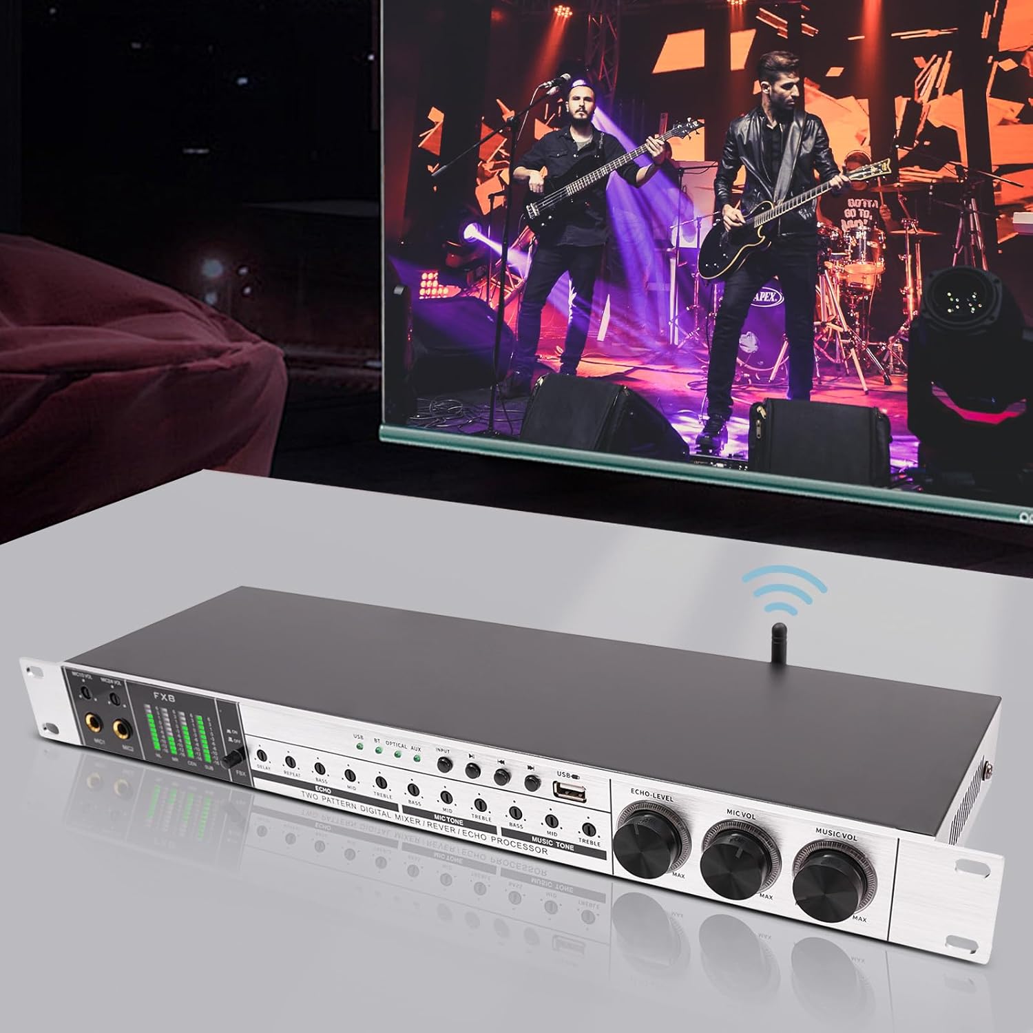 Professional KTV Pre-effector one-button Anti-howling Audio Processor, 4 Input Echo, Support USB MP3 Bluetooth Optical AUX, for for Home KTV, Wedding, Concert, Bands/Stage Performance. (Silver)