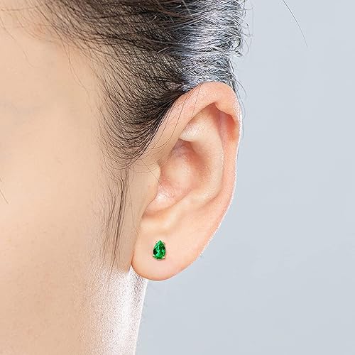 Miniatura 2 de YUNKAI Sterling Silver Emerald Earrings for Women,May Birthstone Classic OvalRoundPrincessPear Cut Synthetic Emerald Stud Earrings Hypoallergenic