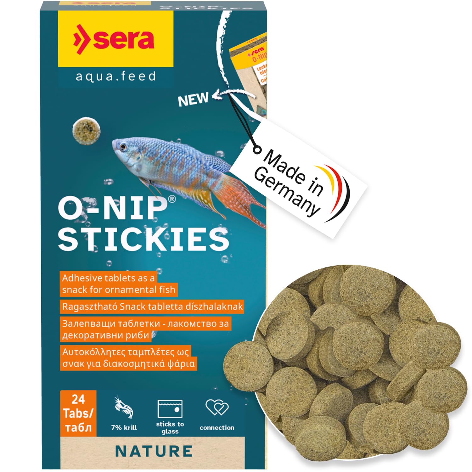 Sera O-Nip Nature 24 Tabs 0.6 oz | Complete Feed for All Ornamental Fish | Adhesive Tablets Stick to The Aquarium Glass | High Protein | No Dyes & Preservatives | with Bloodworms, Krill & Tubifex