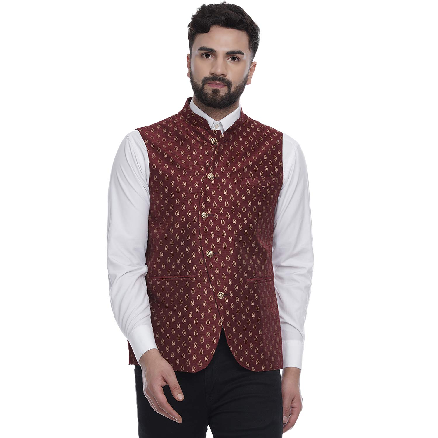 Maroon Jacquard Printed Silk Nehru Jacket (maroon)-image-42