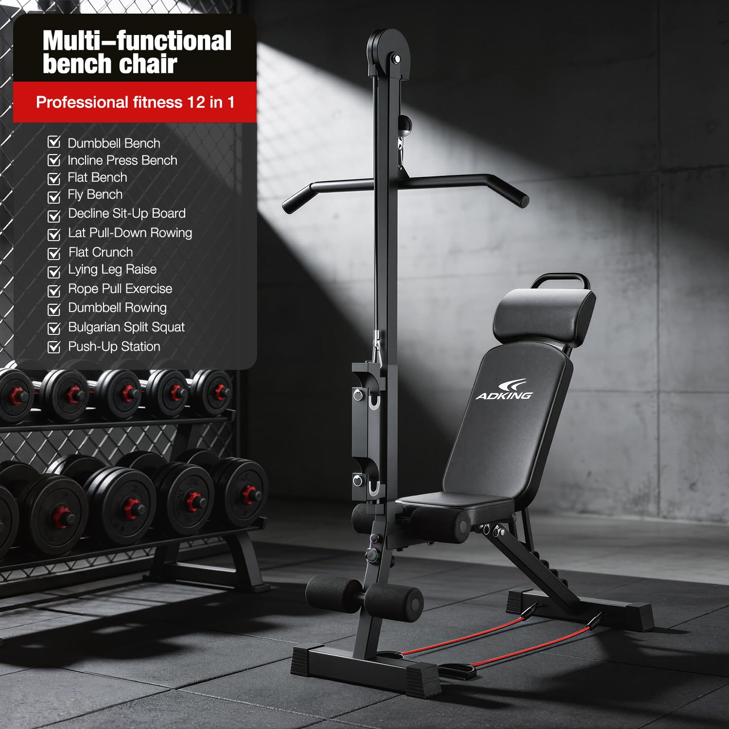 12-in-1-Multifunktions-Heim-Fitness-Bank – Hoch/Niedriges Seilzugsystem, Sit-Up-Bank, Lat-Pulldown-Bein, Beinentwickler, verstellbare Krafttrainingsgeräte für Ganzkörper-Fitness