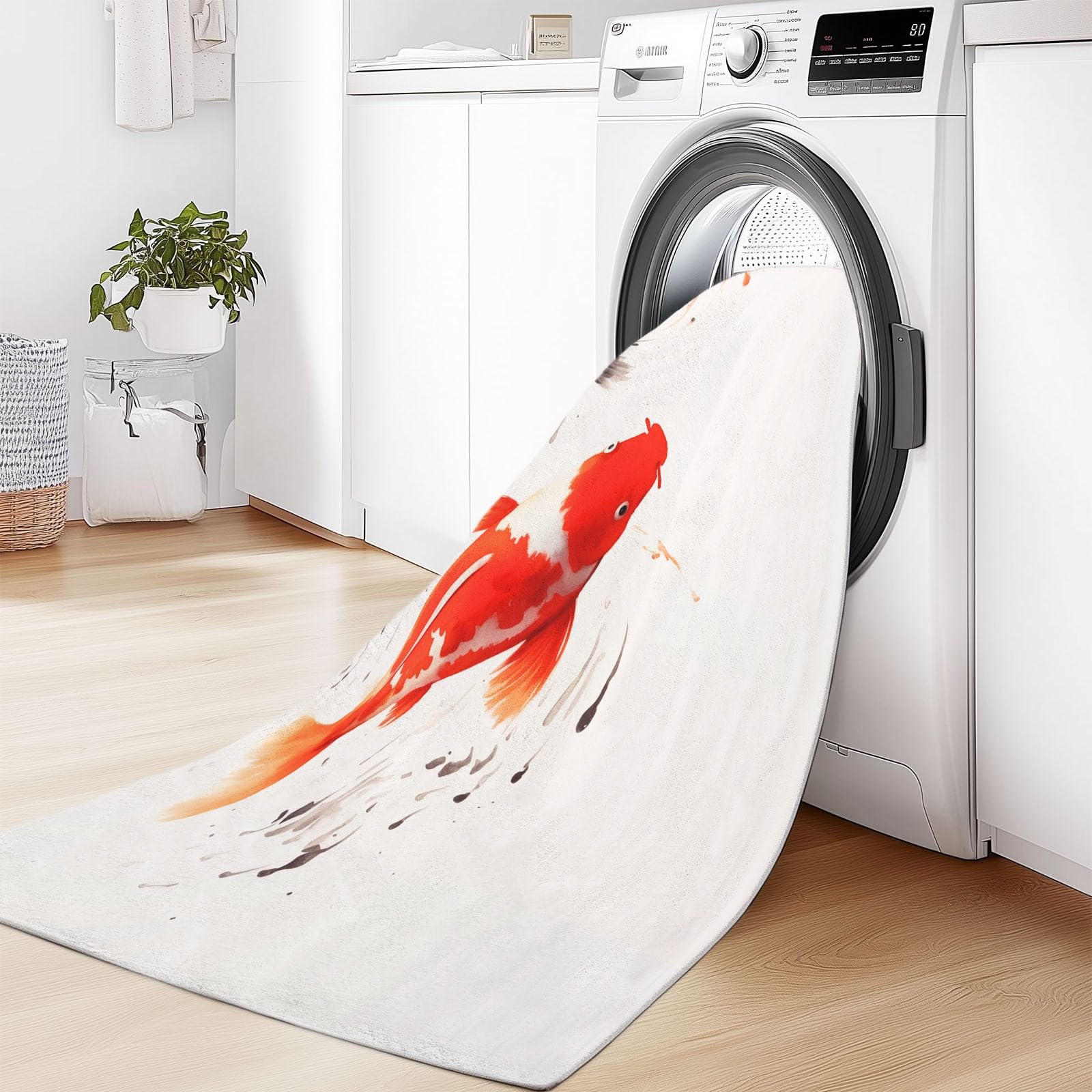 Tapis de Salon 140 x 200 cm – Antidérapant, Doux et Épais Lavable en Machine, Motif Lavis À L'Encre De Chine Poisson – Tapis de Sol pour Chambre, Salle de Séjour, Blanc