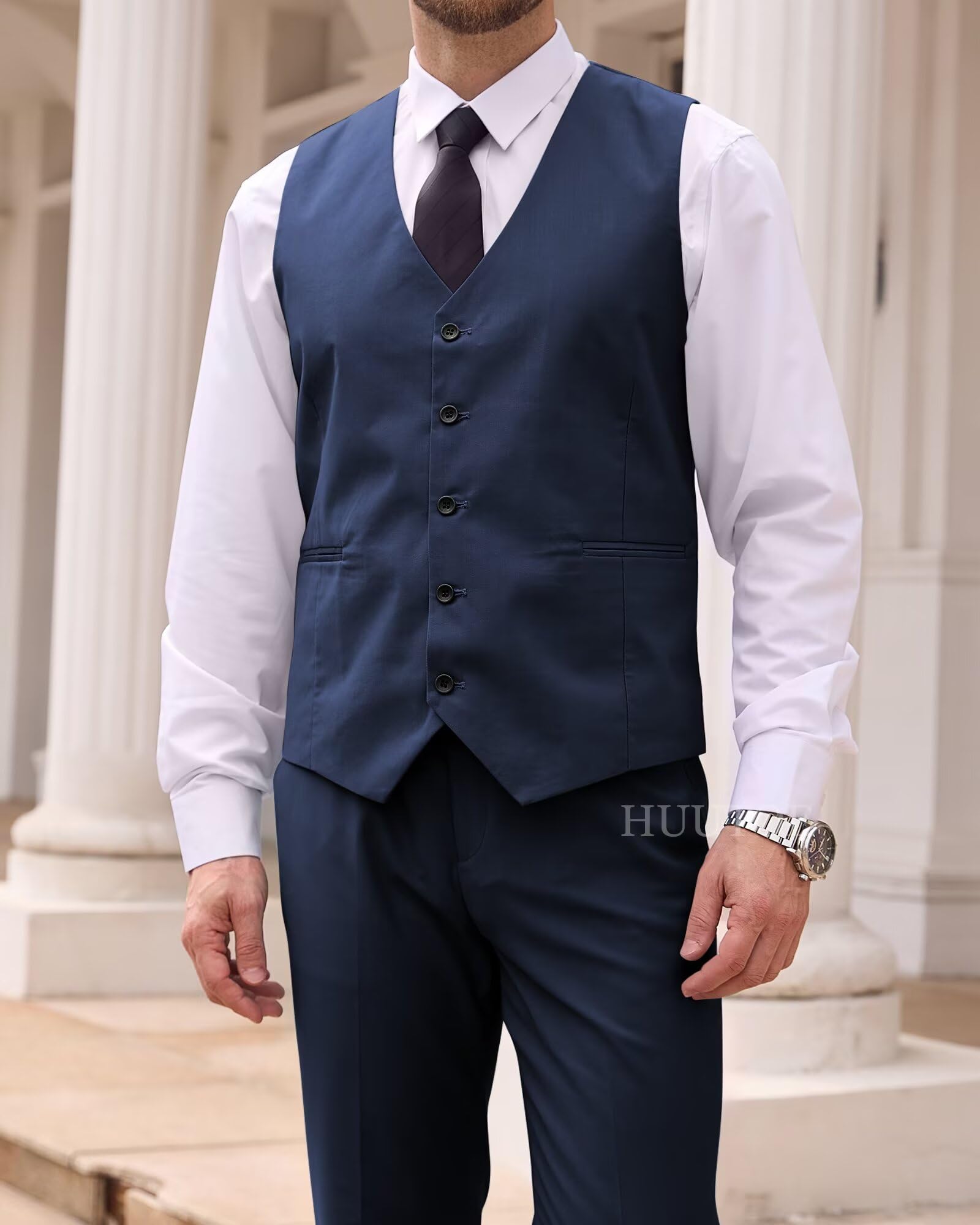 HUUTOE Traje de 3 piezas para hombre, ajustado, para boda, padrinos de boda, graduación, negocios, un botón, chaqueta, chaleco y pantalones, conjunto de esmoquin | Conjunto de chaleco y pantalones de 3 piezas para bodas, bailes, fiestas de negocios, ocasi