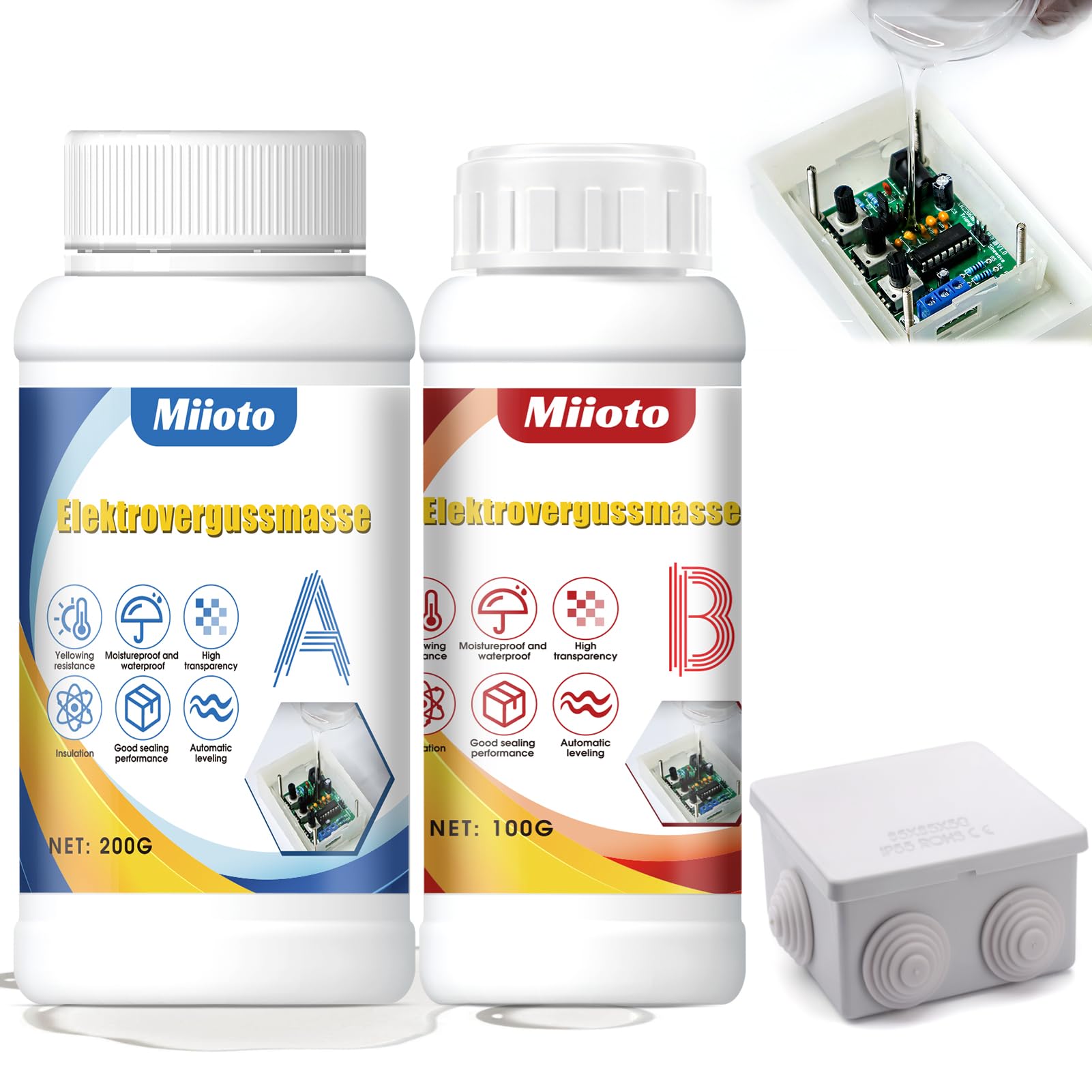 Miioto Gel Isolant Electrique, Gel Etancheite Electrique 300g A+B et Boite Derivation, Mastic de Scellement Électrique, Convient aux Platines, Manchons de Câble, Transparent, Isolant et Imperméable