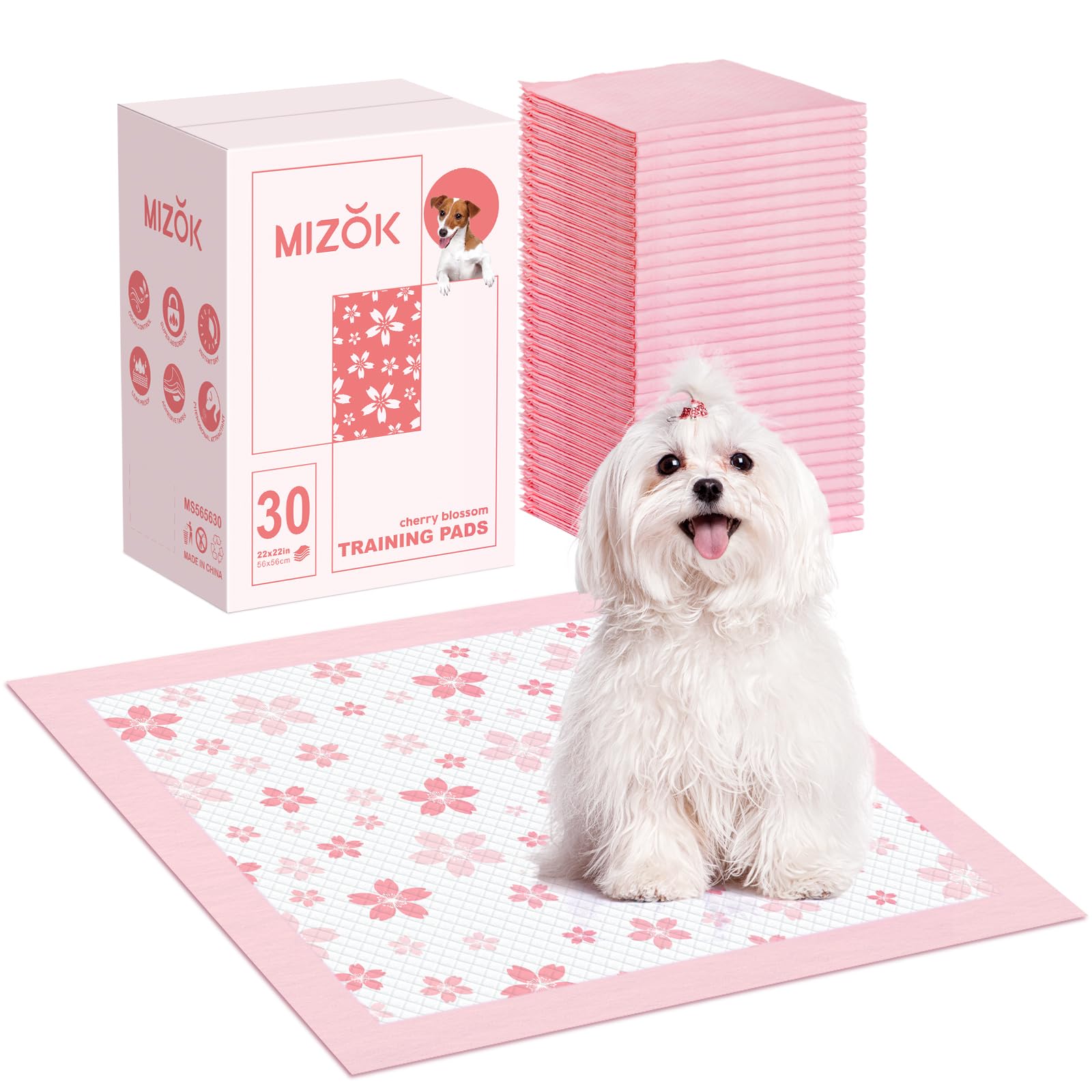 MIZOK Pink Puppy Pads with Adhesive Tabs Wee Wee Pads for Dogs 22x22in 30Ct