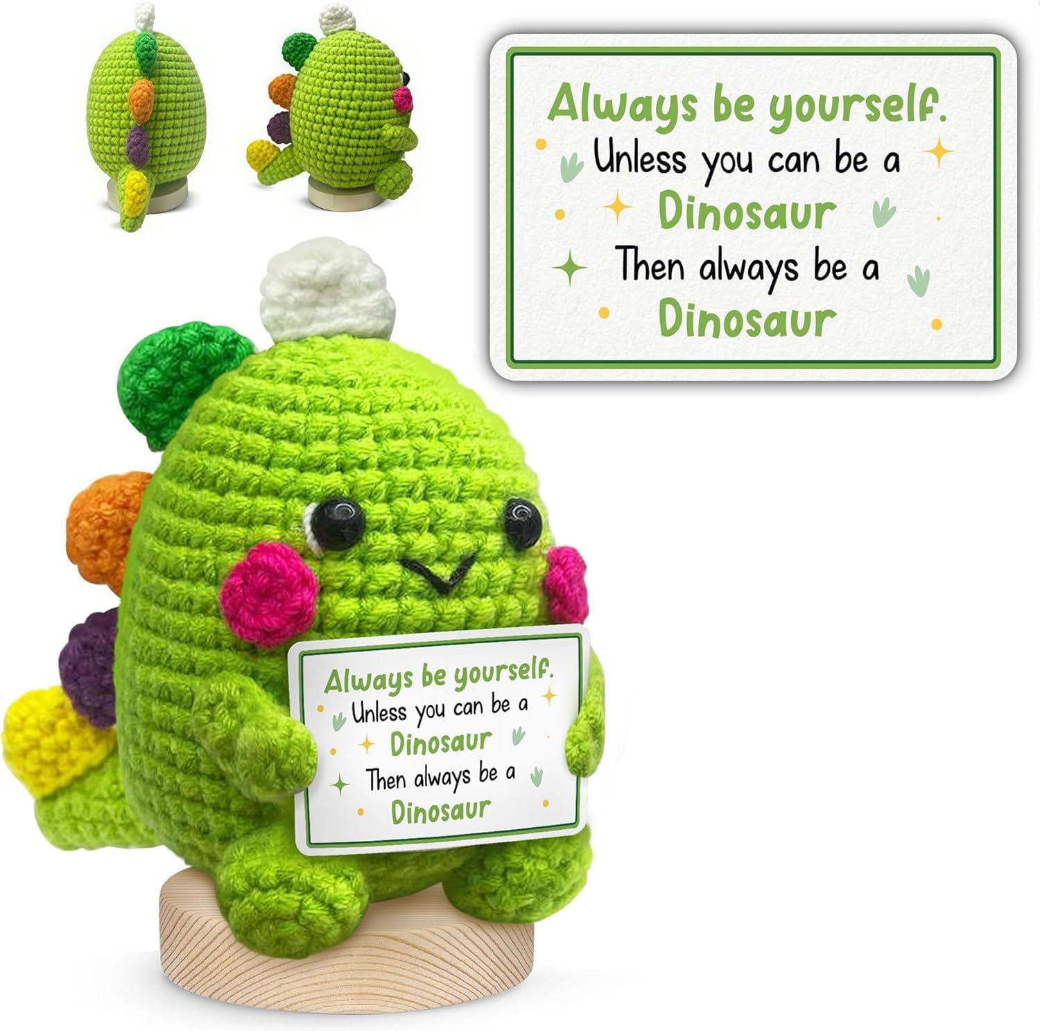 ALUNME Handmade Funny Animal Crochet with 'Always Be Yourself Unless You Can Be A Dinosaur' Card - Cute Gag Gifts for Crochet Dinosaur Lovers Coworker Friend Sister