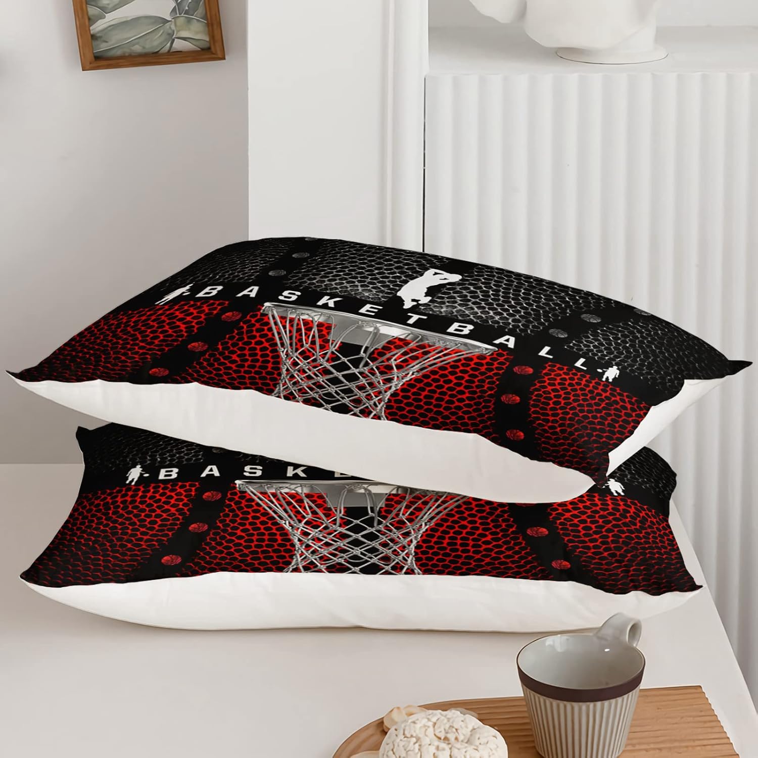 Axolotl Basketball Bedding Set for Boys Kids Teens,Soft Black and Red Sports Theme Basketball Bedding Sets Twin Size with 1 Comforter and 2 Pillowcases All Season - Image 6