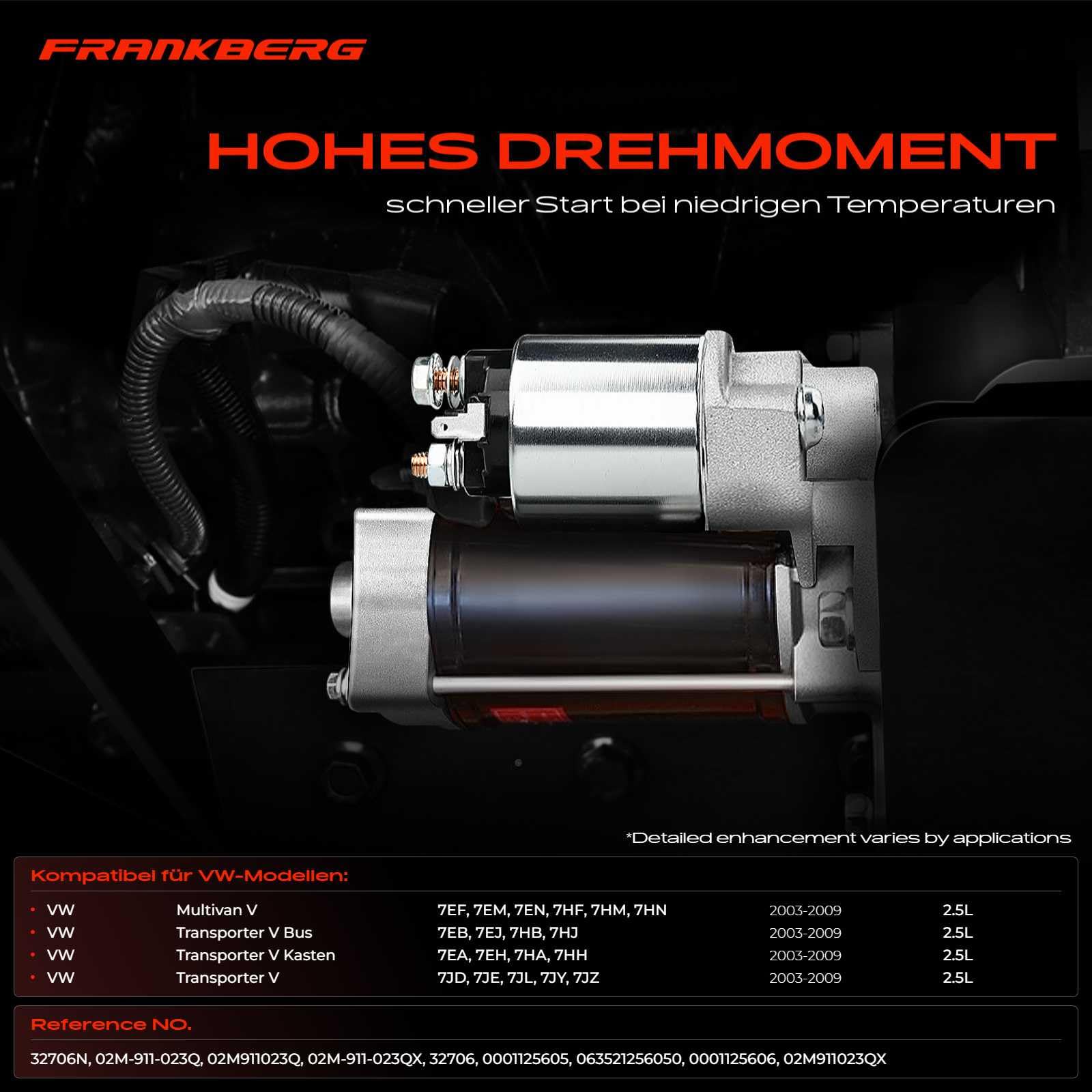Frankberg Anlasser Starter 2,4 KW 12 V 10 Zähnez Kompatibel Multivan V 7EF 7EM 7EN 7HF 7HM 7HN Transporter V Bus 7EB 7EJ 7HB 7HJ