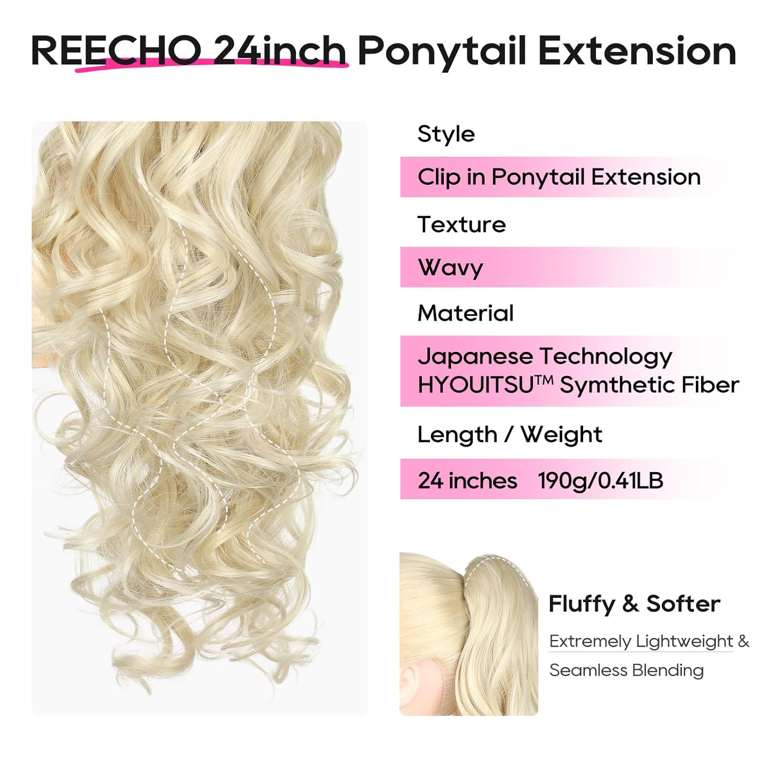 REECHO Ponytail Extension, 24" Claw Clip in Long Curly Wavy Ponytail Hair Extension Jaw Clip on Pony Tails Hairpiece for Women - Light Blonde