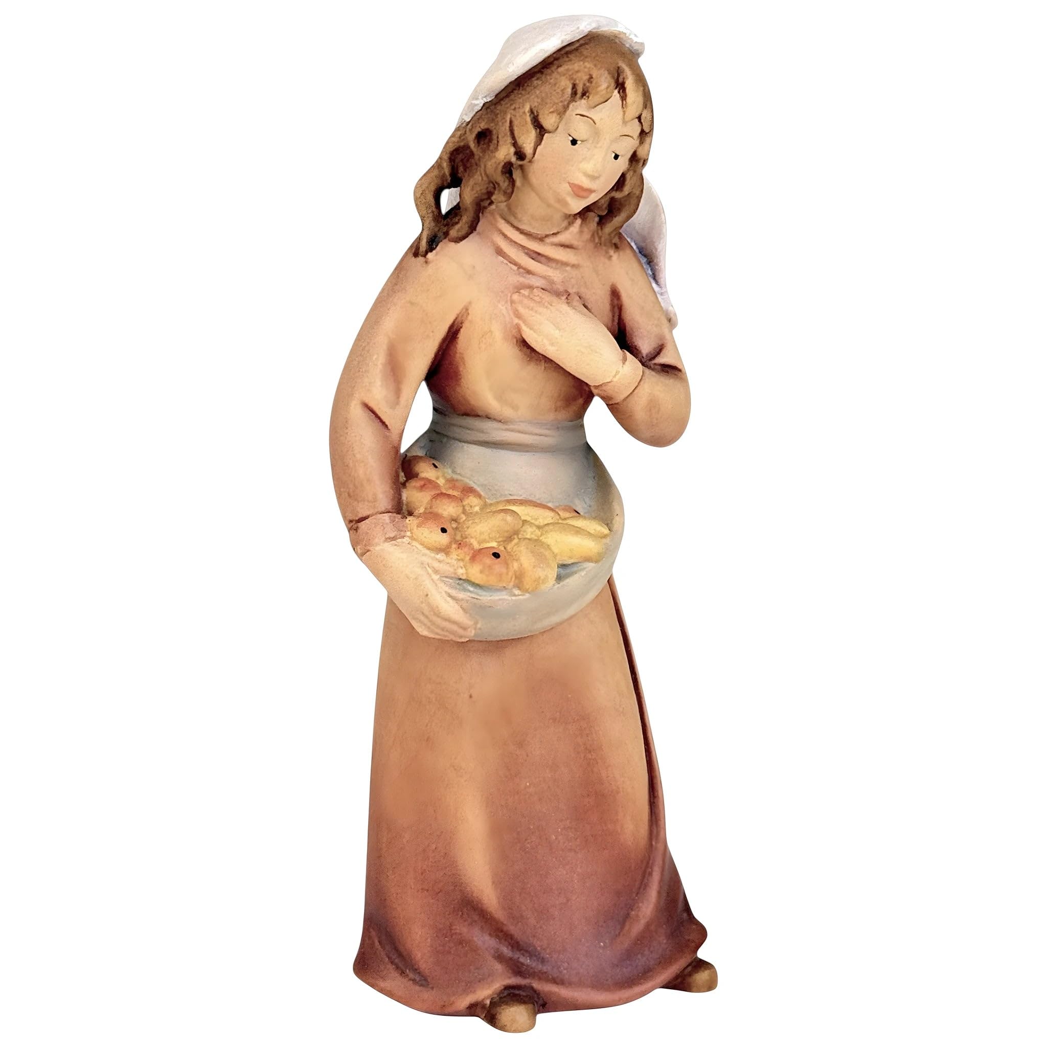 Carved Shepherdess with Fruits - Colored Maple Wood by Dolfi