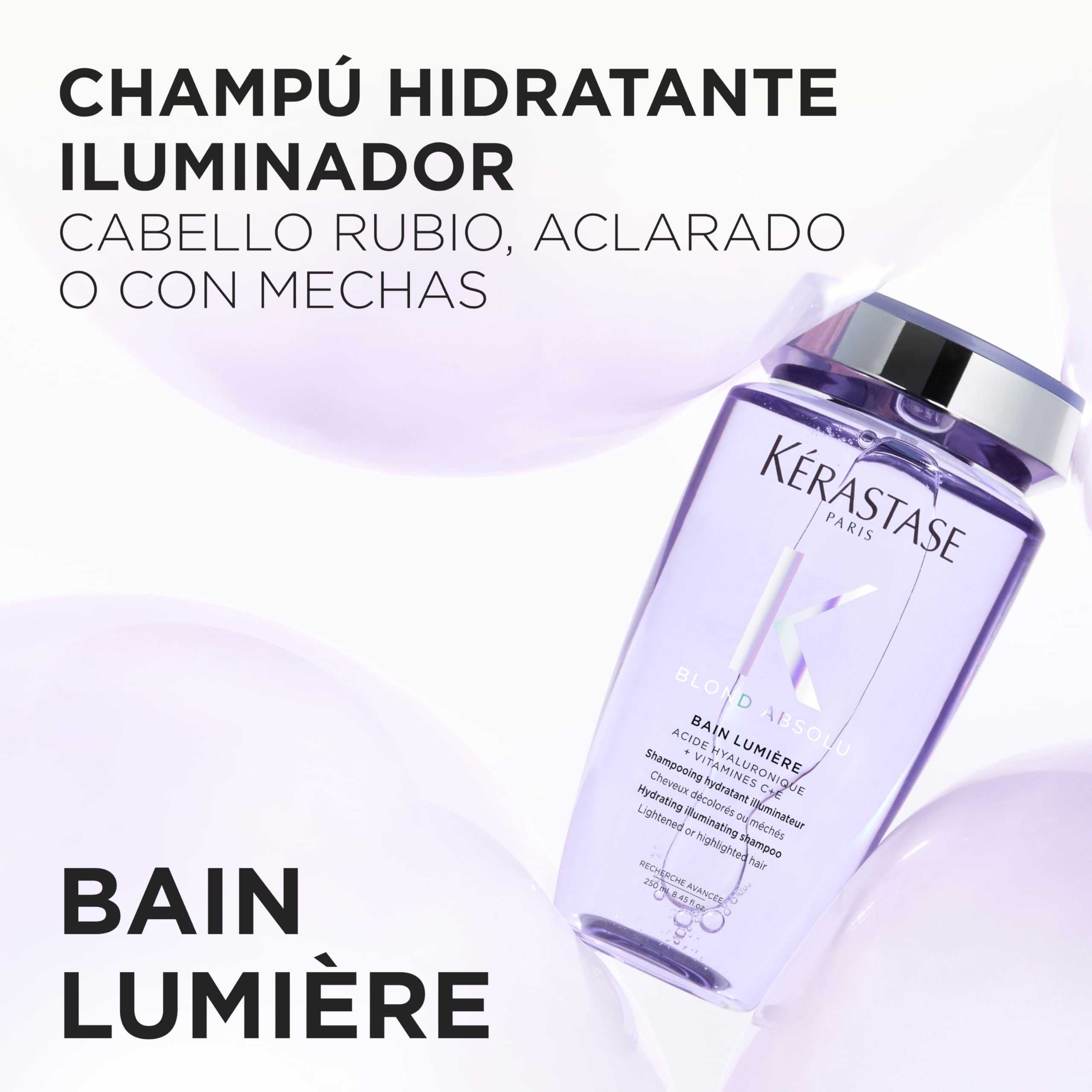 Kérastase Blond Absolu, Champú Hidratante Iluminador, Para Pelo Sensibilizado, Decolorado, Con Mechas y Grises, Enriquecido Con Ácido Hialurónico, Bain Lumière, 250 ml